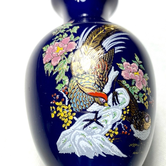 Vintage Japan Cobalt Blue Hand Painted Pheasant Bud Vase 4” - Picture 5 of 10